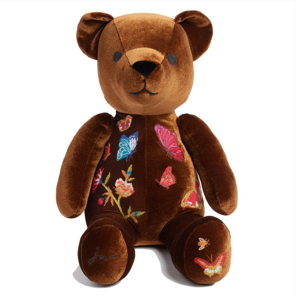 Johnny Was Brown Velvet Embroidered Butterfly Teddy Bear